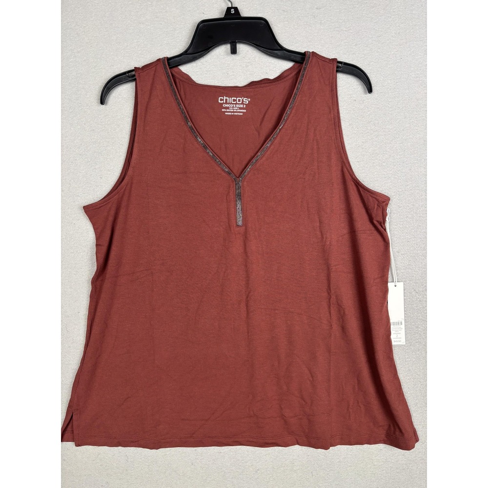 Chico's Tank Top Womens L Brown Touch Of Cool Caviar Trim V Neck Knit Sleeveless